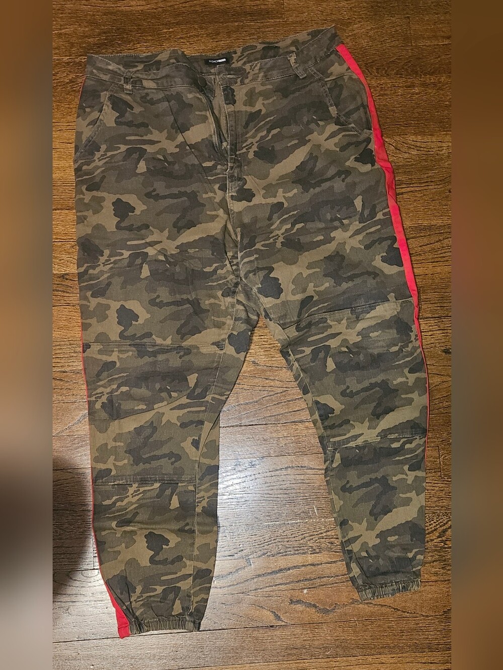 Fashion Nova Women Camo Joggers with Red Side Stripe